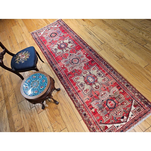 Vintage Heriz Runner, Hand-Knotted Wool, Geometric Pattern, Red & Green, 3x10 For Sale - Image 9 of 18