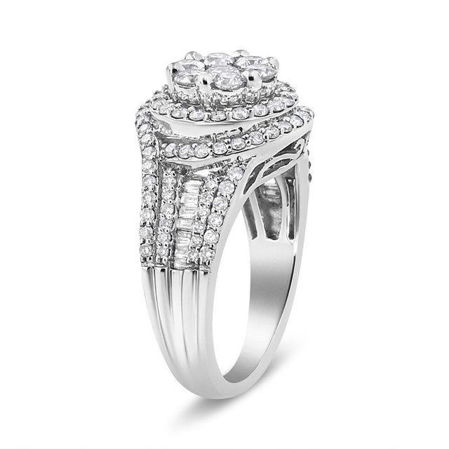 Contemporary 14K White Gold 1 1/2 Cttw Diamond Floral Cluster and Studded Shank Halo Ring (H-I Color, SI2-I1 Clarity) - Ring - Size 7 For Sale - Image 3 of 5