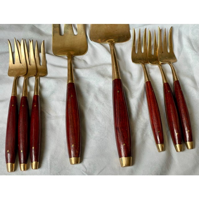 Mid-Century Modern Mid 20th Century Rosewood & Brass Service for 6 Desert Fish Serving Forks Set 8 Pieces Flatware For Sale - Image 3 of 9