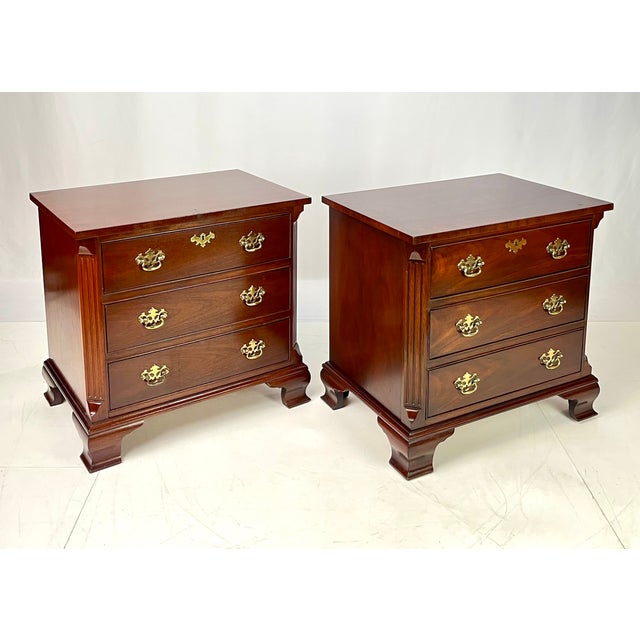 Brown Late 20th Century Baker Furniture Chippendale Style Mahogany 3-Drawer Nightstands - A Pair For Sale - Image 8 of 18