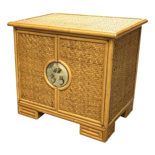 Vintage Woven Rattan Brass Nightstand For Sale