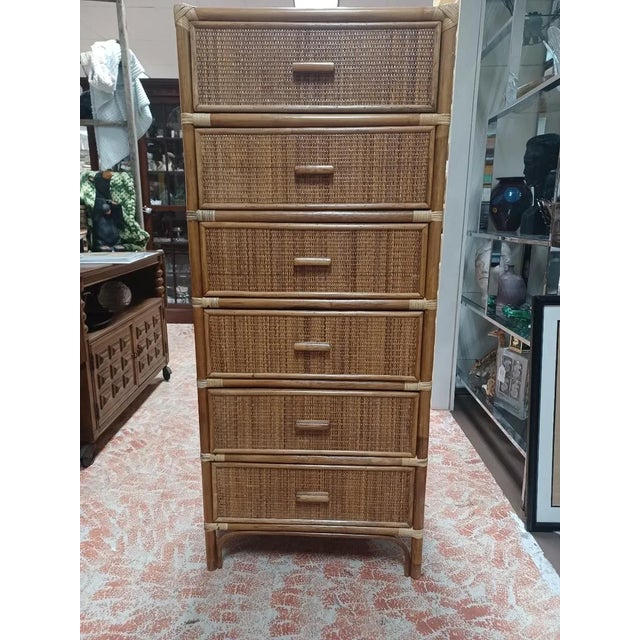 Mid 20th Century Vintage 6 Drawer Rattan and Raffia Highboy For Sale - Image 4 of 4