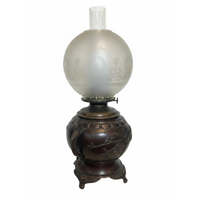 Antique Patinated Bronze Oil Lamp Kerosene Meiji Style Etched Glass Globe Eagle For Sale - Image 11 of 12
