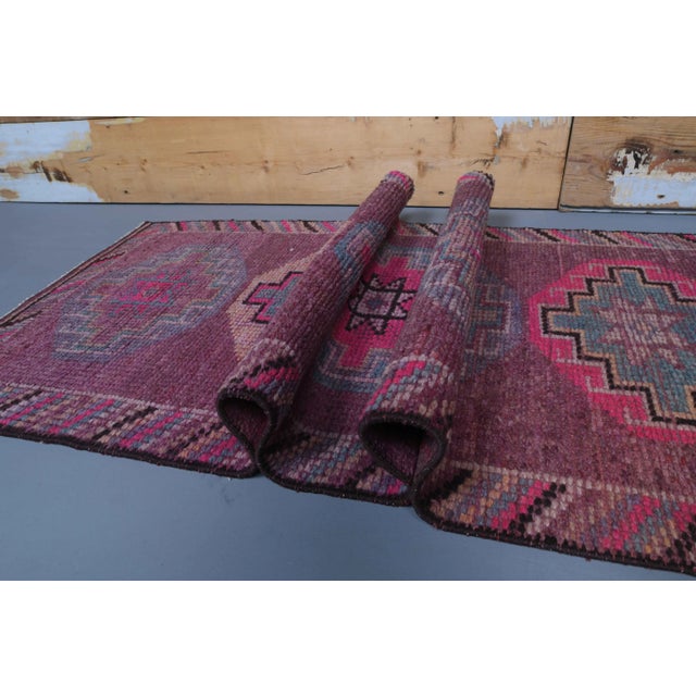 Textile 1960s Purple Pink Natural Turkish Hand-Knotted Runner Rug For Sale - Image 7 of 9