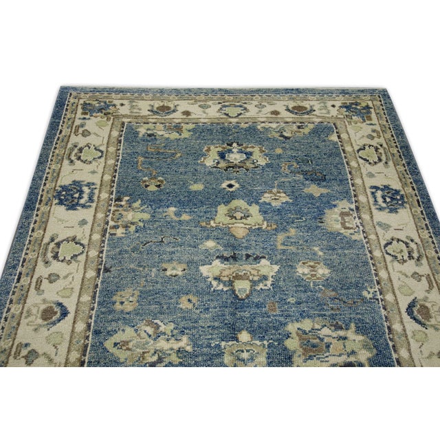 Early 21st Century Blue Floral Design Handwoven Wool Turkish Oushak Rug 5'2" X 8'3" For Sale - Image 4 of 7
