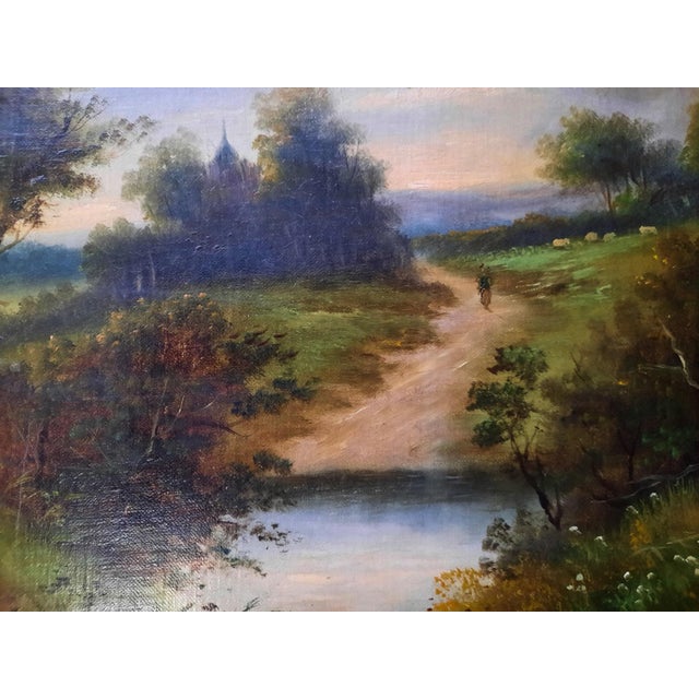 Impressionist Antique 19th/Early 20th-Century European School Oil Painting — Pastoral River Landscape With Path and Trees For Sale - Image 3 of 4