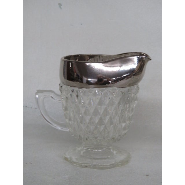 Indiana Glass Company Mid 20th Century Indiana Diamond Point Creamer Sugar Bowl Set Clear Glass Silver Tone Rim 4538b For Sale - Image 4 of 12