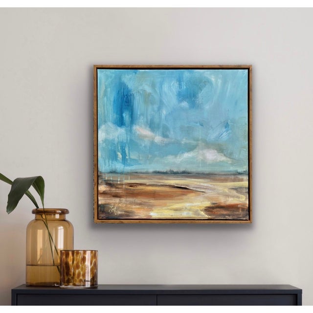 Abstract Yonder by Leigh Ann Van Fossan | Acrylic on Canvas Abstract landscape with blue sky and earthy tones. For Sale - Image 3 of 5
