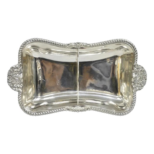 Antique English Victorian Scalloped Silver Plated Serving Dish Platter With Divider For Sale