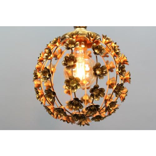 Hollywood Regency Hollywood Regency Style Gilt Metal Floral Sphere Pendant Light, Italy, 1970s For Sale - Image 3 of 18