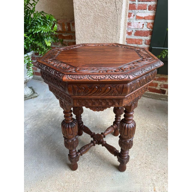 19th Century Petite Antique French Octagon Center Side Table Renaissance Carved Oak For Sale - Image 5 of 12