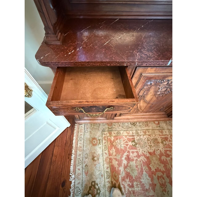 Antique French Carved Walnut Buffet a Deux Corps With Rouge Marble Top For Sale - Image 10 of 12
