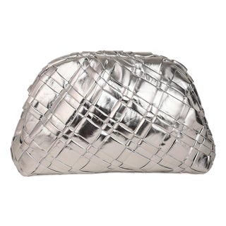 Aya Handwoven Leather Frame Clutch in Silver For Sale