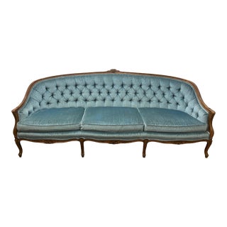 Vintage Thomasville French Provincial Velvet Tufted Walnut Frame Sofa For Sale