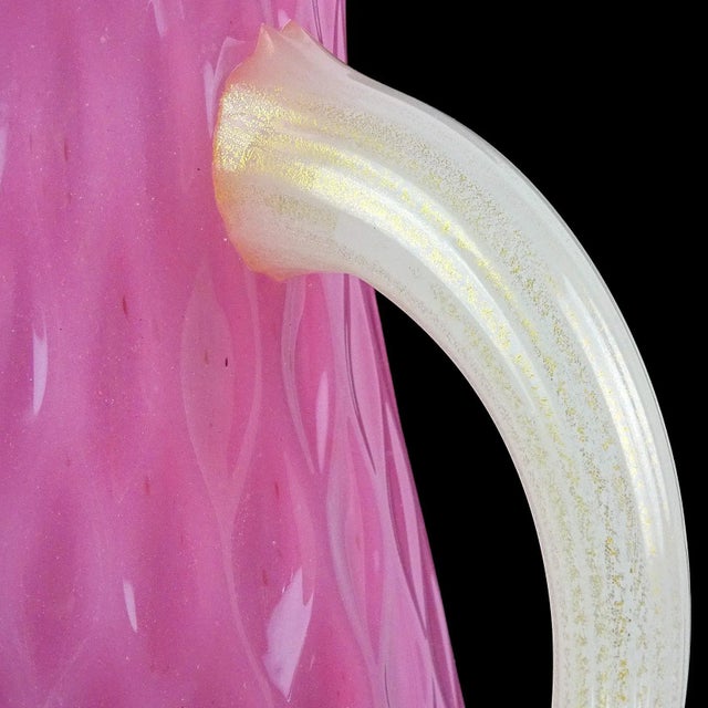 Pink Murano Vintage Pink White Opal Gold Flecks Diamond Quilted Surface Italian Art Glass Pitcher Flower Vase For Sale - Image 8 of 12