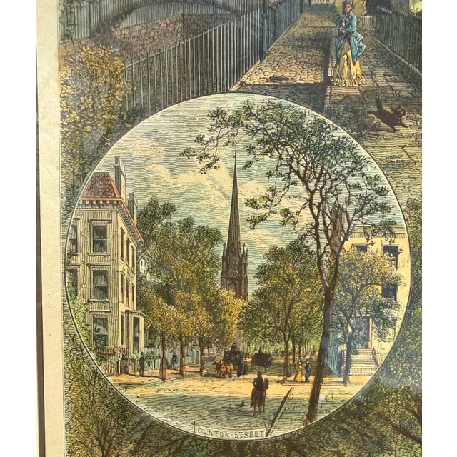 Victorian Antique 1870s Hand-Colored Engraving “Brooklyn Street-Scenes” From Picturesque America, in Victorian Crossed-Corner Stick Frame For Sale - Image 3 of 8