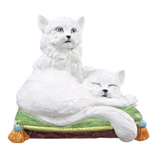 Huge Vintage Sculpture Italian Terra Cotta Two Cats on a Pillow For Sale