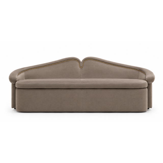 Not Yet Made - Made To Order Taupe Velvet Sofa with Scalloped Backrest and Brass Nailhead Trim by Cavio Casa For Sale - Image 5 of 5