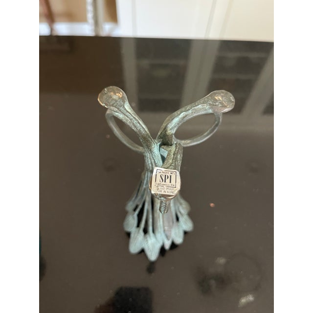 Mid Century Style Bronze Feather Base & Italian Murano Turquoise Glass Vase For Sale - Image 4 of 5