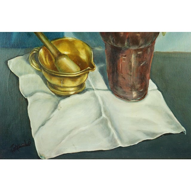 Giovanni Zancolo, Post Impressionist Still Life with Copper Pourer and Brass Mortar and Pestle, 1970s, Oil on Canvas For Sale - Image 7 of 12