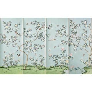 Hand Painted Chinoiserie Wallpaper Mural With Floral Branches, Birds and Botanical Garden Scene For Sale