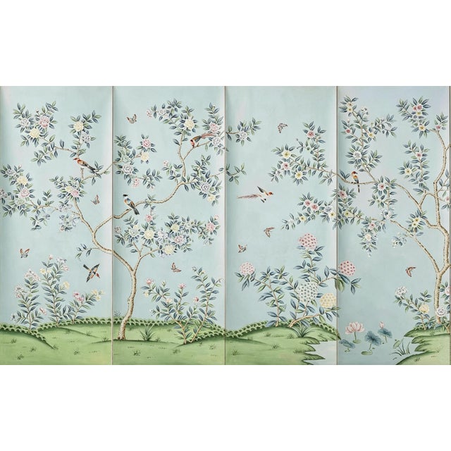 Hand Painted Chinoiserie Wallpaper Mural With Floral Branches, Birds and Botanical Garden Scene For Sale