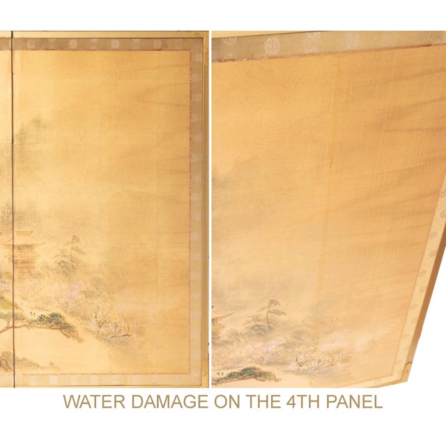 1950s Showa Era Japanese Painted Byobu Screen "Landscape With Temple" For Sale - Image 11 of 17