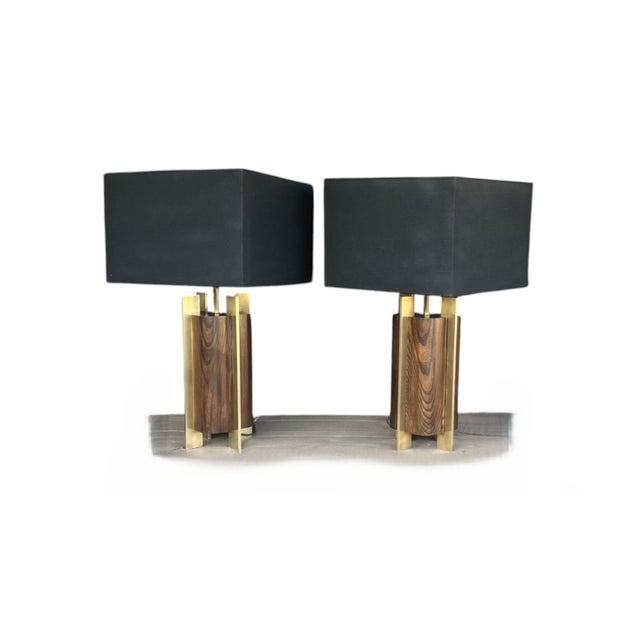 1960s 1960s Sculptural Mid-Century Modern Table Lamps in Wood & Brass - a Pair For Sale - Image 5 of 14