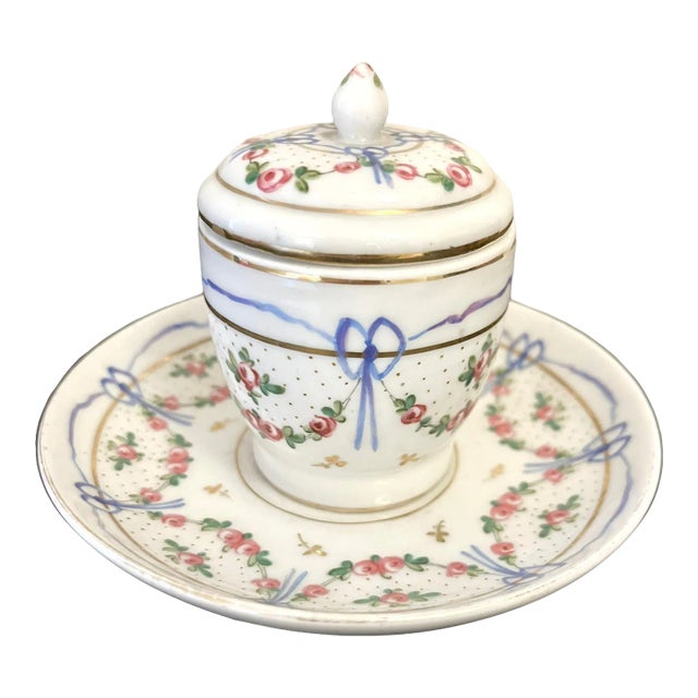 Antique Marie Antoinette Inspired Ribbon Decorated French Porcelain Covered Jar With Underdish For Sale