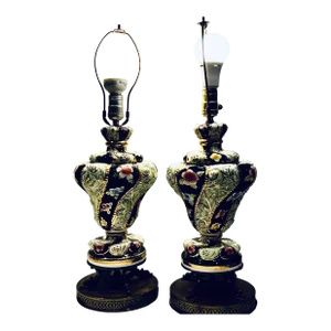 Pair of MCM Capodimonte Asian Floral Porcelain Table Lamps - Works!