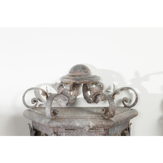 1920s French Iron Three-Light Lanterns with Scrolling Motifs and Foliage - a Pair For Sale - Image 9 of 12