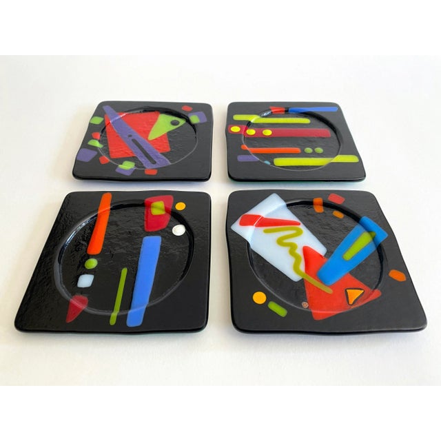 Vintage 1980's Postmodern Studio Fused Art Glass Multicolor Abstract Coasters - Set of 4 For Sale - Image 9 of 12