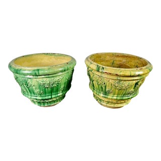 Pair of Glazed Terra Cotta Planters For Sale