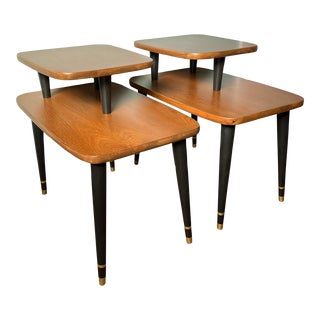 Mid-Century Modern Refinished Wood Side Tables Tiered With Black and Gold Legs - a Pair For Sale