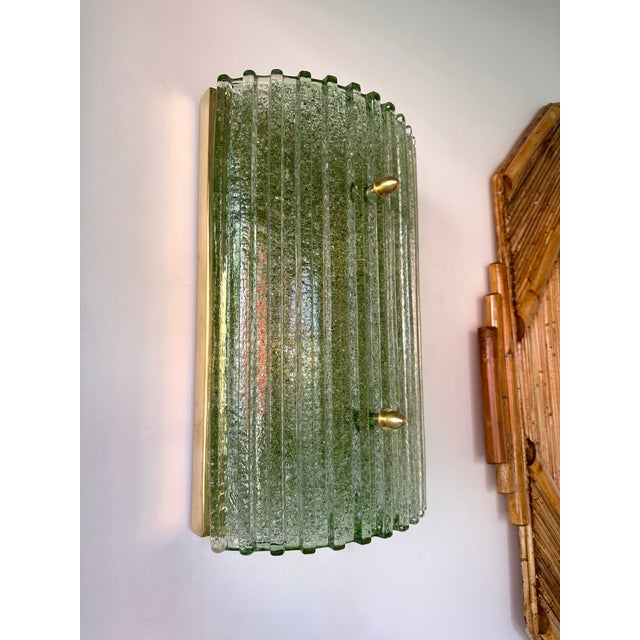 Green Contemporary Pair of Green Granita Murano Glass and Brass Sconces, Italy For Sale - Image 8 of 12