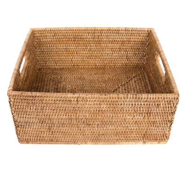 Boho Chic Artifacts Rattan Rectangular Basket with Cutout Handles in Honey Brown - 14" For Sale - Image 3 of 10