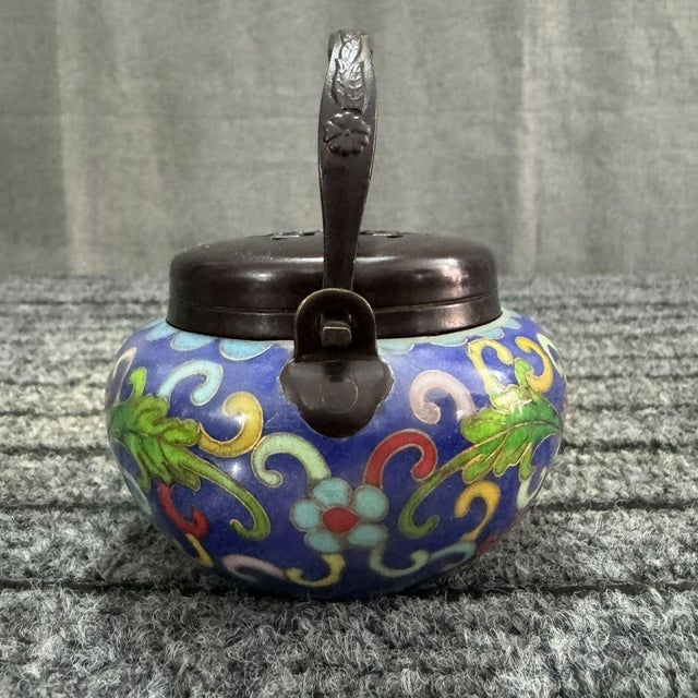 Chinoiserie Late 20th Century Cloisonné Enamel Hand Warmer, Floral Phoenix Chinoiserie Lidded Vessel With Handle For Sale - Image 3 of 7