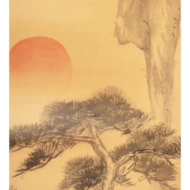 Khaki "Rising Sun and Pine Tree" by Miyata Jisen, Early Showa Japanese Scroll Painting For Sale - Image 8 of 14