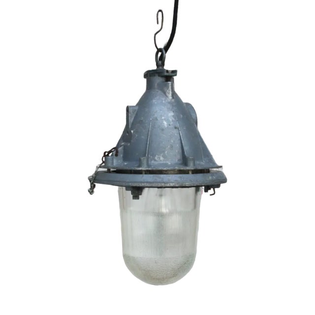 Vintage Industrial Clear Striped Glass & Gray Pendant Light For Sale