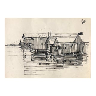 1950s Norman Kent Fishing Village Drawing For Sale