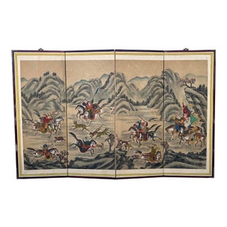 Korean Joseon Period Four-Panel Folding Screen With Tiger Hunt and Calligraphy, For Sale