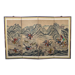Korean Joseon Period Four-Panel Folding Screen With Tiger Hunt and Calligraphy,