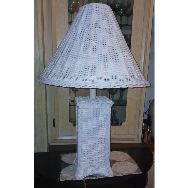 Boho Chic Vintage Boho Woven Wicker Rattan Table Lamp With Large Wicker Shade For Sale - Image 3 of 10