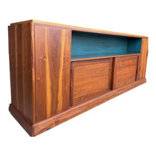 American Studio Robert Whitley Studio Credenza – Mixed Wood W/ Teal Interior, Sculptural Case and Pulls Finished on Both Sides For Sale