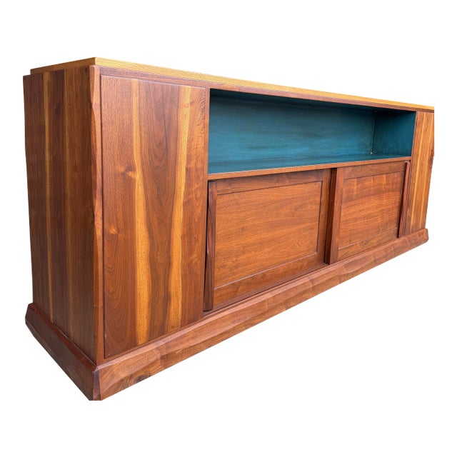 American Studio Robert Whitley Studio Credenza – Mixed Wood W/ Teal Interior, Sculptural Case and Pulls Finished on Both Sides For Sale