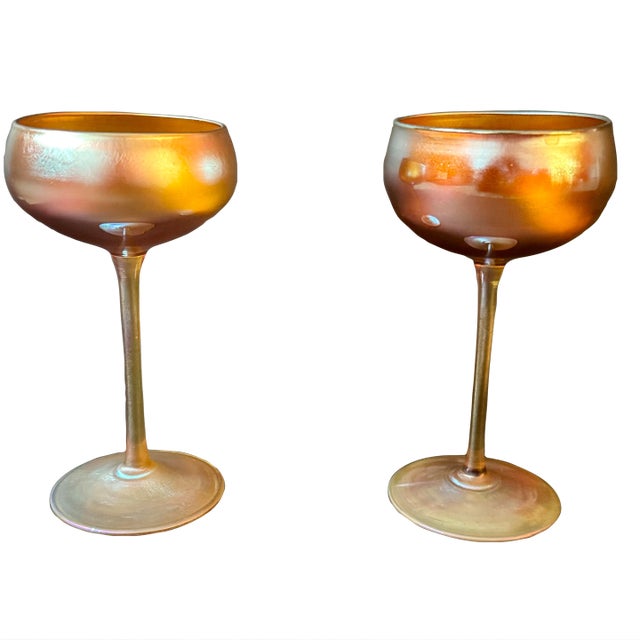 Early 20th Century Pair of Louis Comfort Tiffany Favrile Cocktail Glasses 4oz Signed For Sale