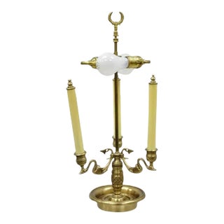 Late 20th Century Regency Style Brass Swans Candlestick Bouillotte Tole Metal Table Lamp For Sale