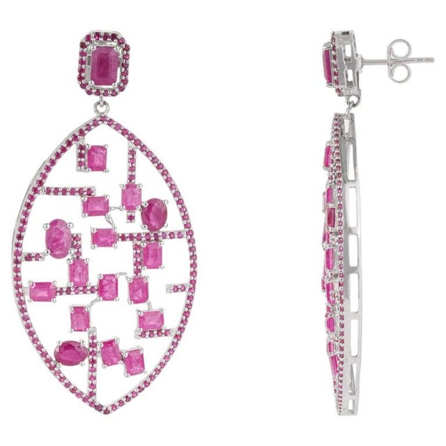 Art Deco Geometric Ruby Lattice Drop Earrings in 925 Sterling Silver, A Pair For Sale - Image 6 of 11