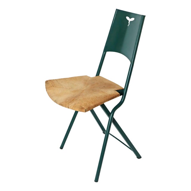 Green Mia Folding Chair with Rush Seat attributed to Giorgio Cattelan, Italy, 1980s For Sale