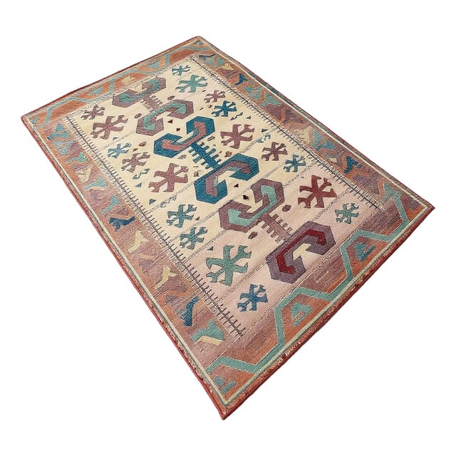 Vintage Handwoven Wool Rug with Geometric Patterns For Sale